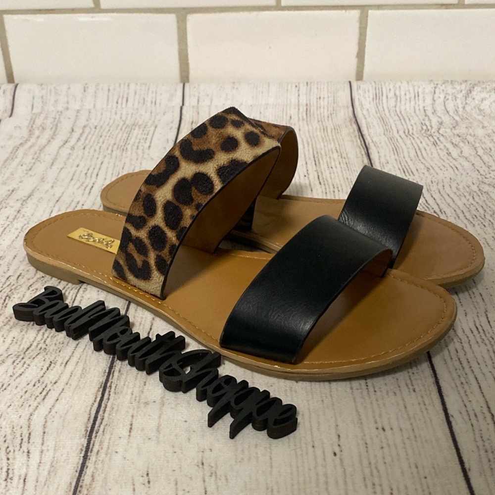 Qupid Black and Leopard Faux Leather Slides Sandals